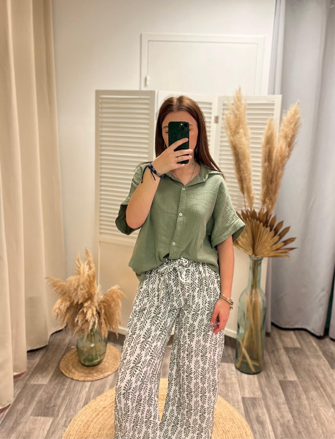 Pantalon Louise feuillage en gaze de coton