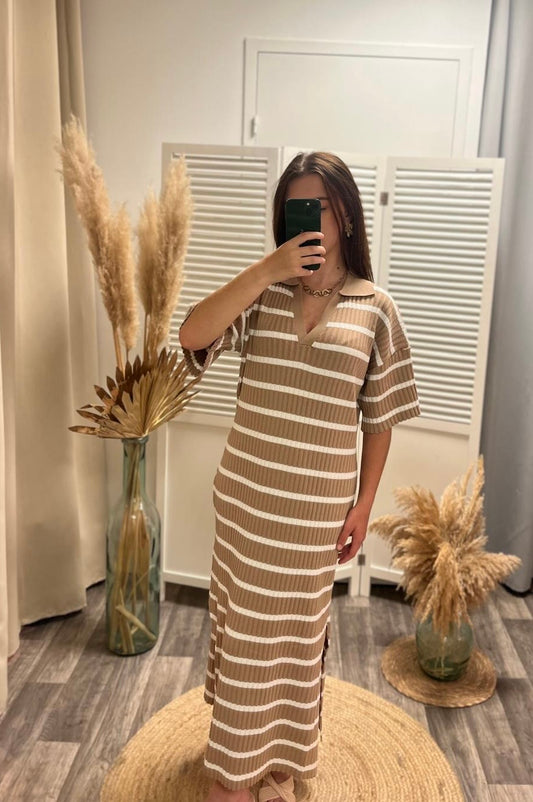 Robe longue en maille rayures beige