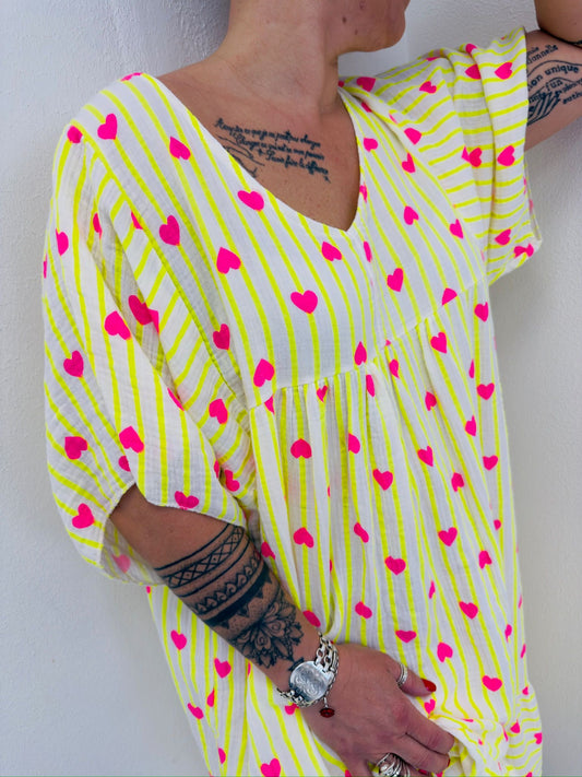 Robe bella jaune en gaz de coton coeur