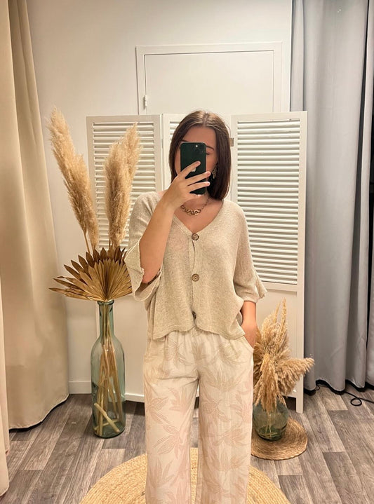 Pantalon Lin écru ,  motif beige .