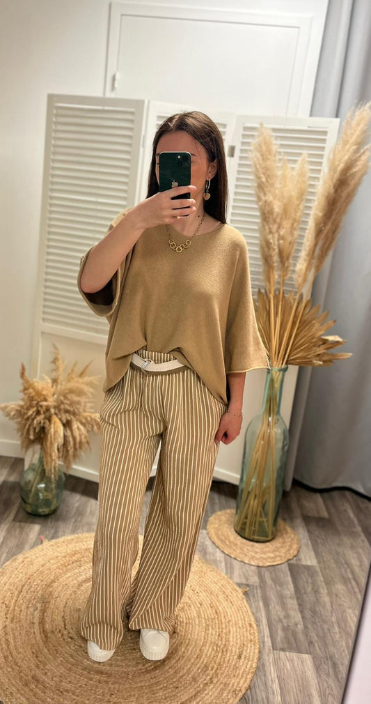 Pantalon à rayures Anna gaze de coton- camel