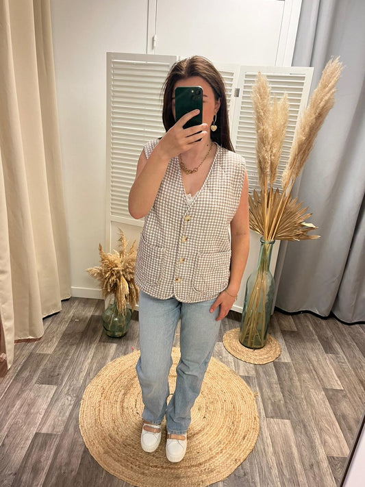 Gilet Vichy à boutons - camel