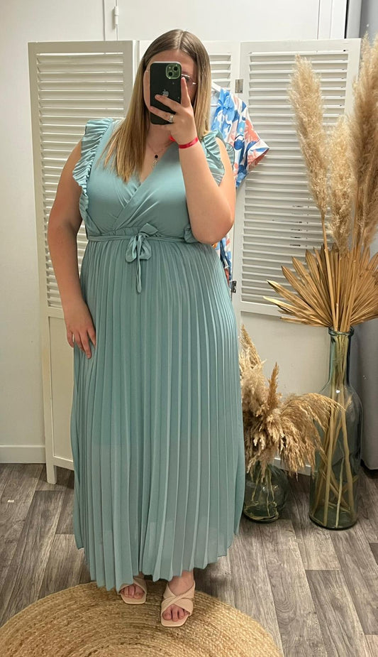 Robe longue plissée Salomé - vert d'eau