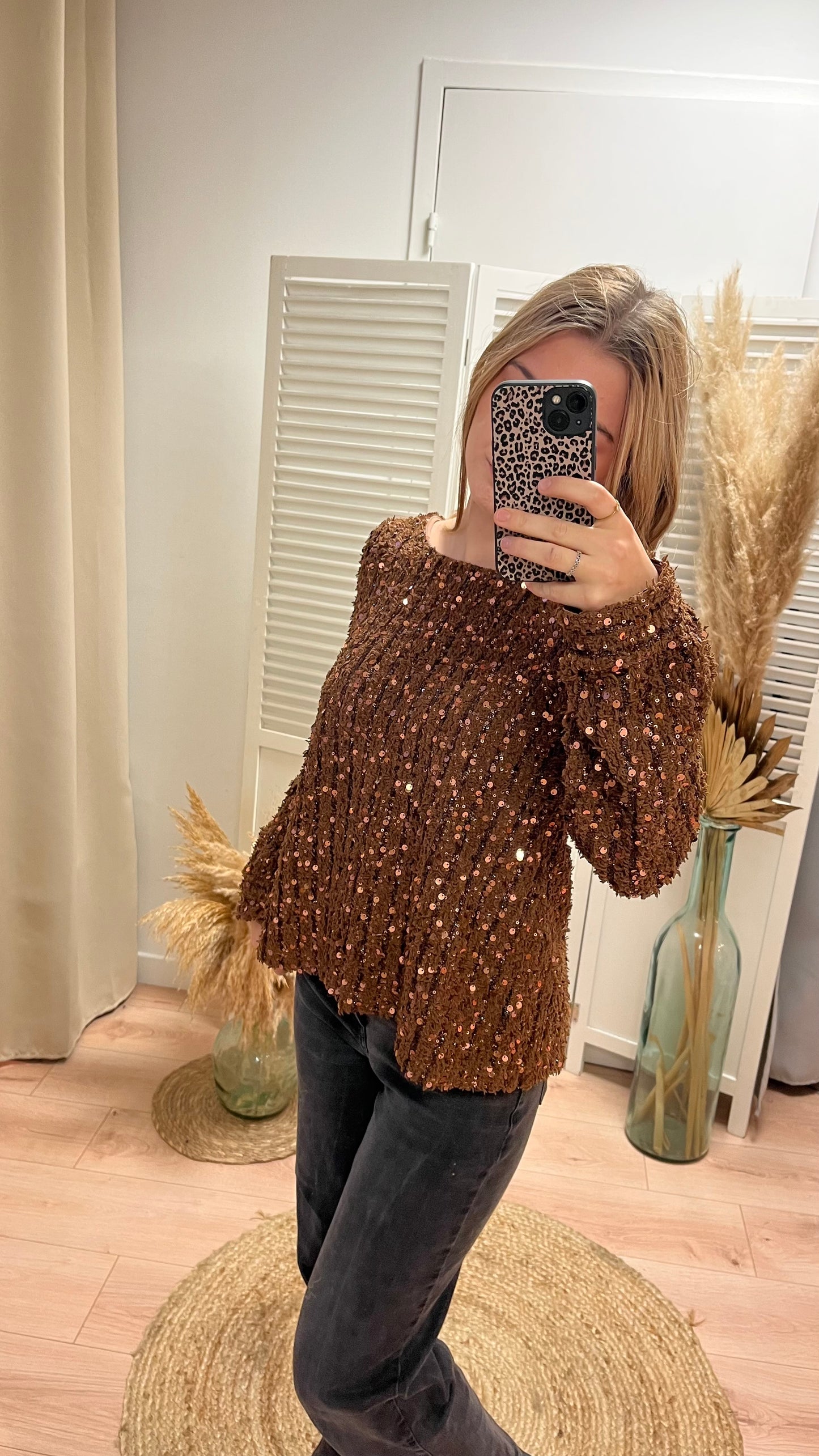 Pull paillettes marron