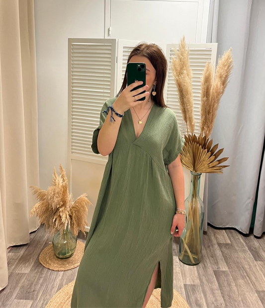 Robe Longue Ariella kaki gaze de coton